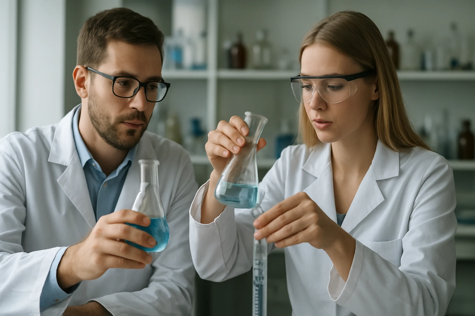 Két kutató laboratóriumban kémiai kísérleteket végez.