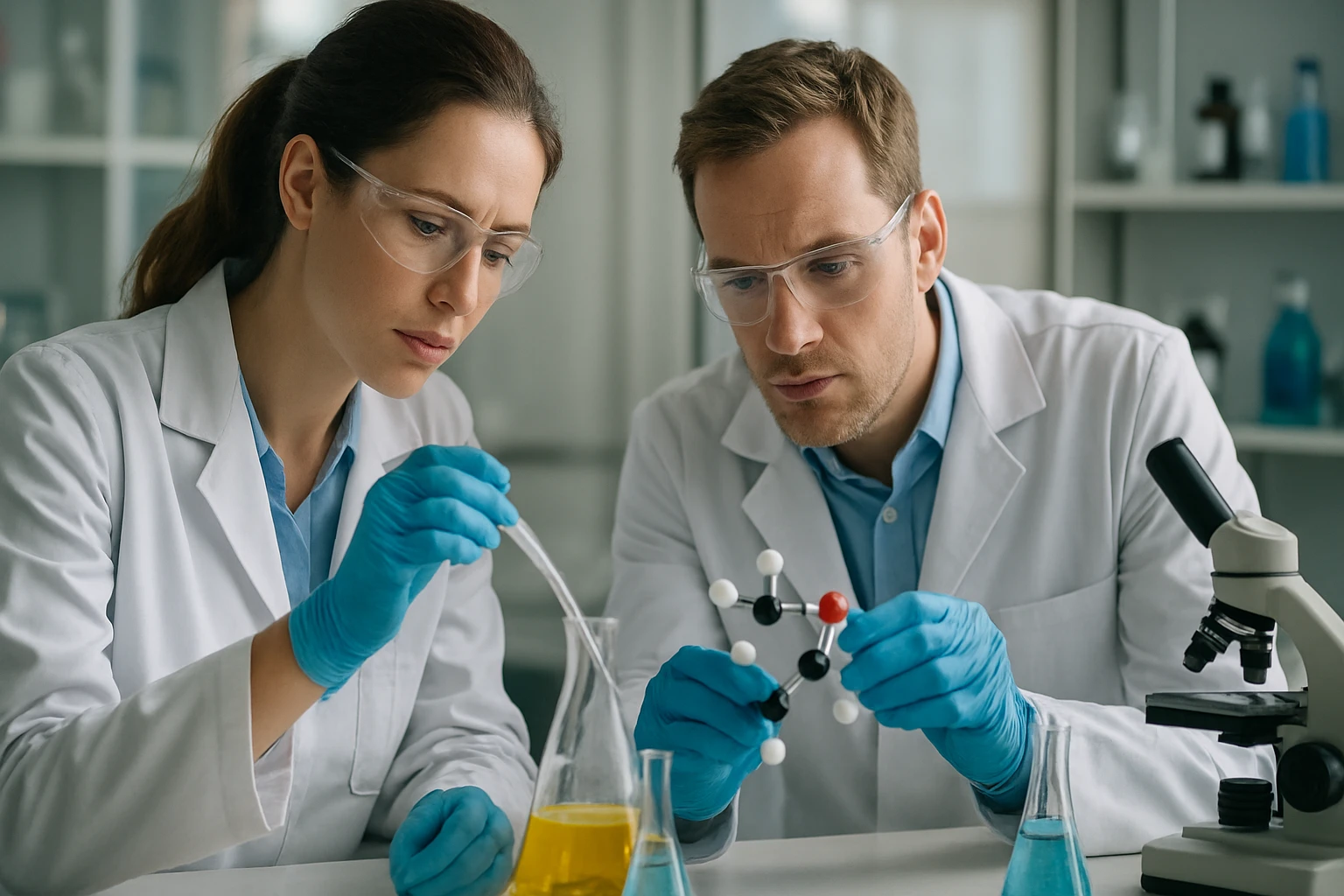 Két tudós laboratóriumban kémiai szerkezetet vizsgál