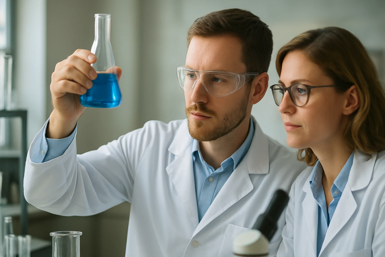 Két kémikus laboratóriumban, akik egy kék folyadékot vizsgálnak.