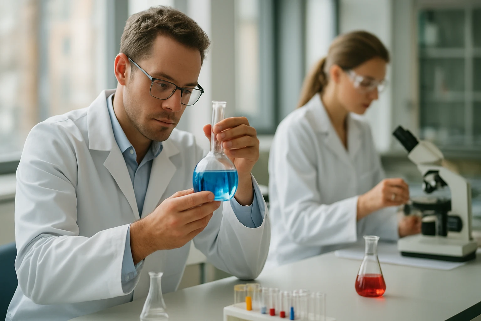 Kémikusok laboratóriumban pentaklór-fenollal végzett kísérletet végeznek.