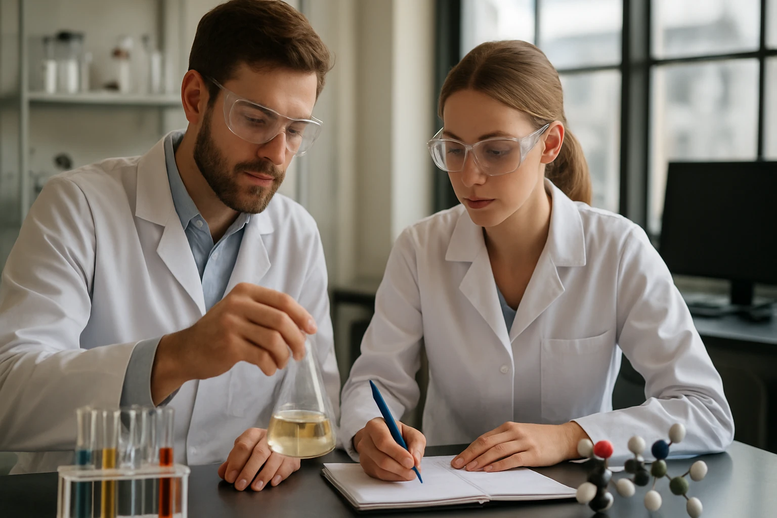 Kémiai kísérlet szakértőkkel a laboratóriumban