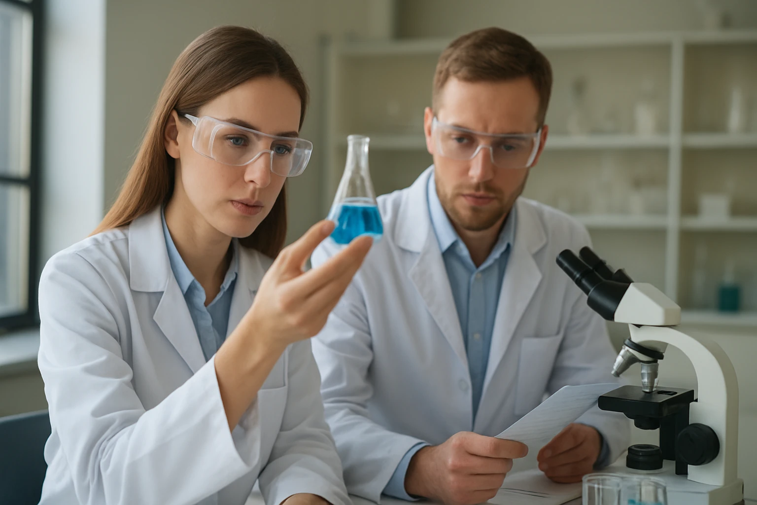 Két kutató a laboratóriumban, kék folyadékkal teli kémcsövet vizsgálva.