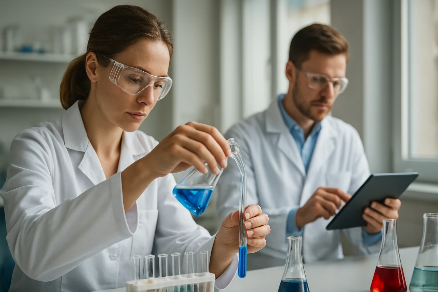 Laboratóriumban dolgozó tudósok, kémiai kísérletek végzése közben.