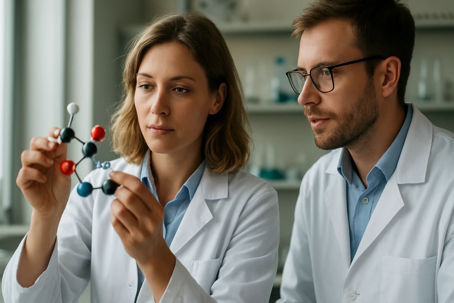 Két kutató molekulamodellel a laborban, Perey Marguerite inspirációjára.