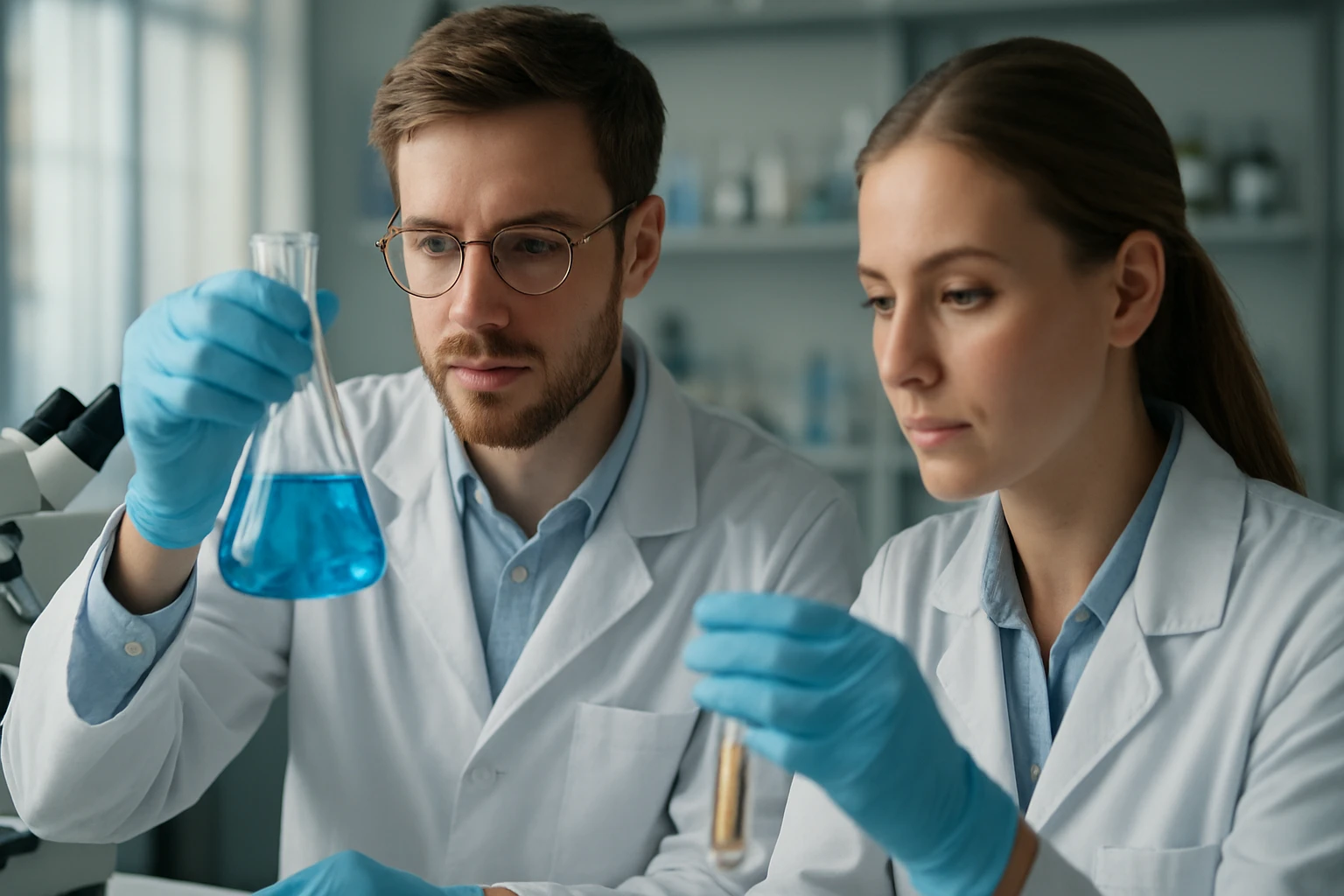 Két kutató laboratóriumban, perfluor-ammónia kémiai elemzése