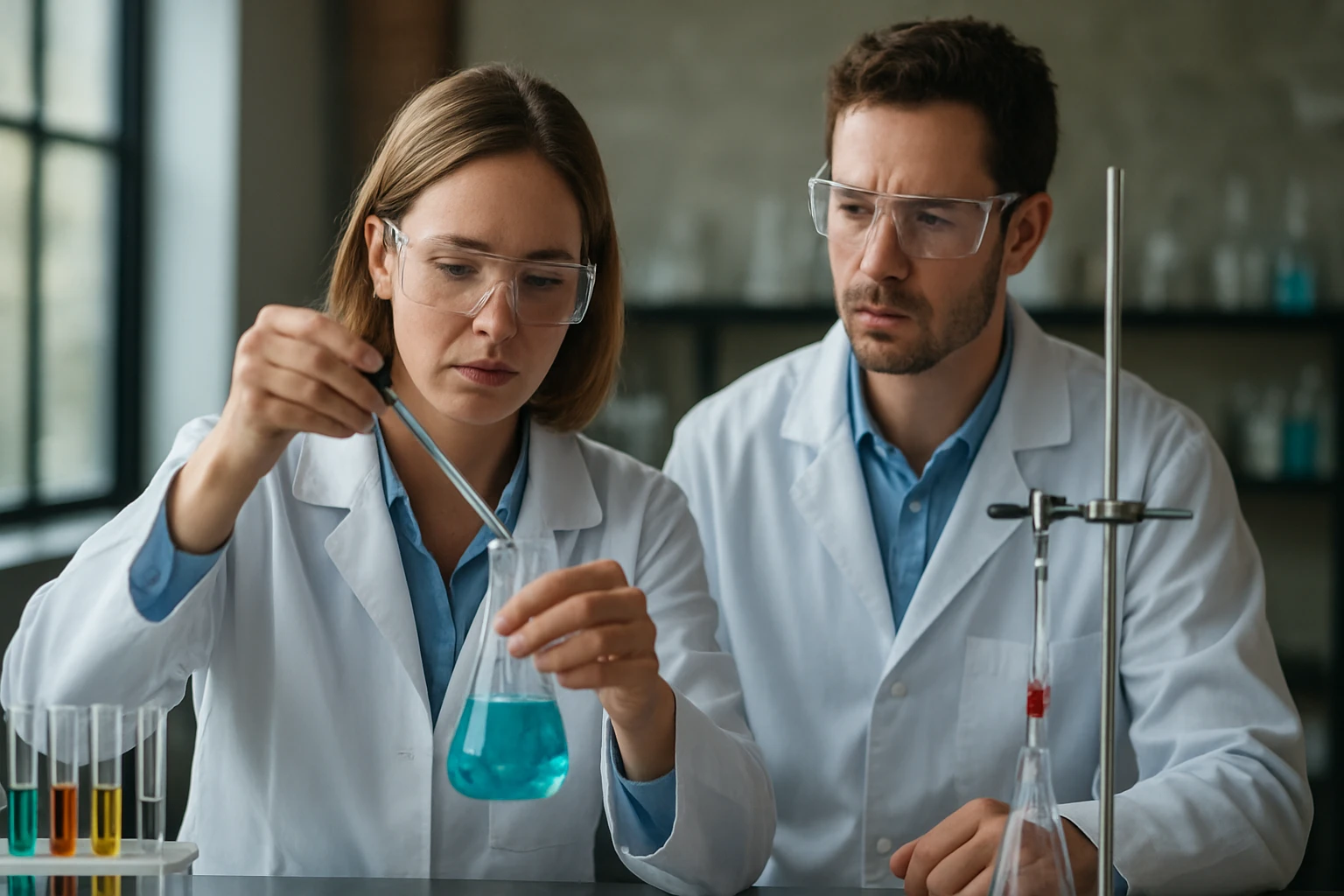 Két kutató laboratóriumban különböző kémiai vegyületek vizsgálata során.