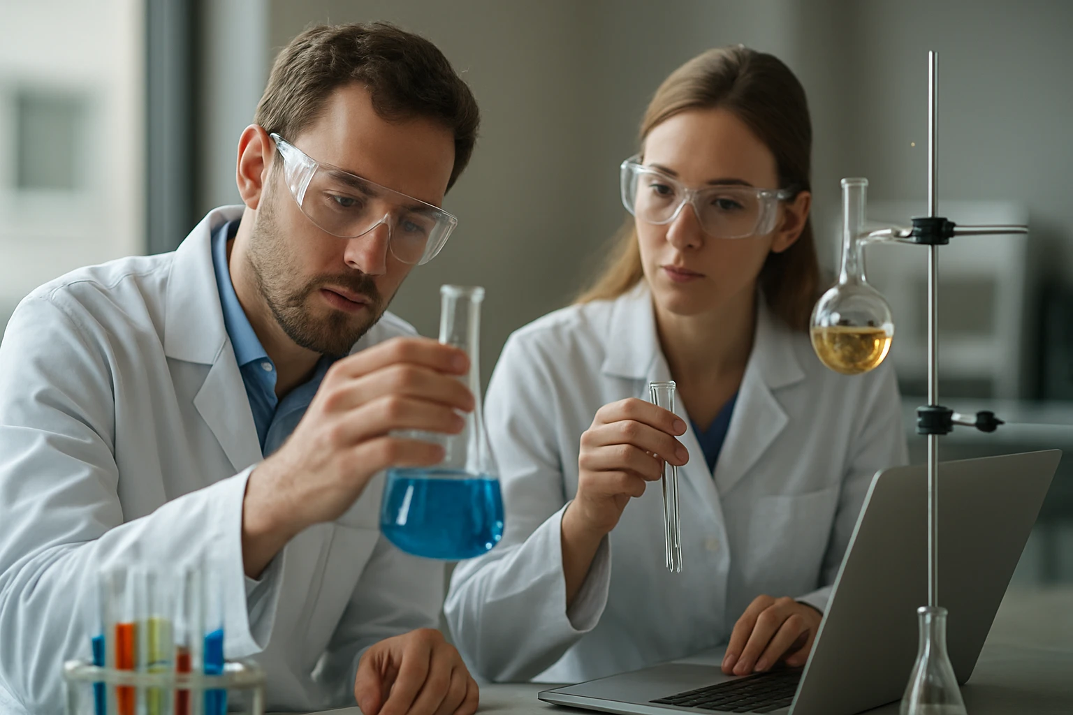 Két kutató kémiai laboratóriumban folyadékokat vizsgál.