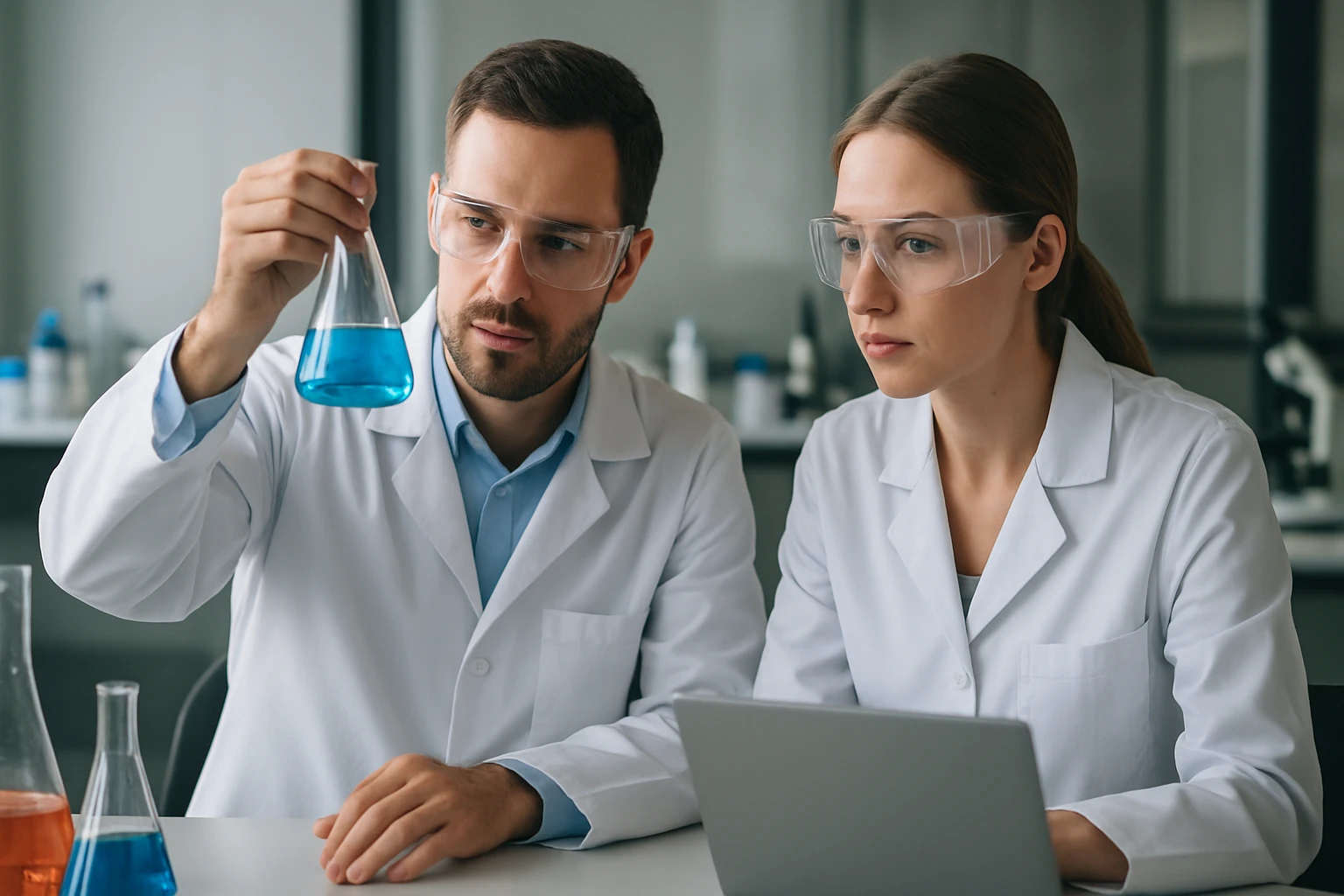 Két kémikus laboratóriumban kék folyadékot vizsgálva