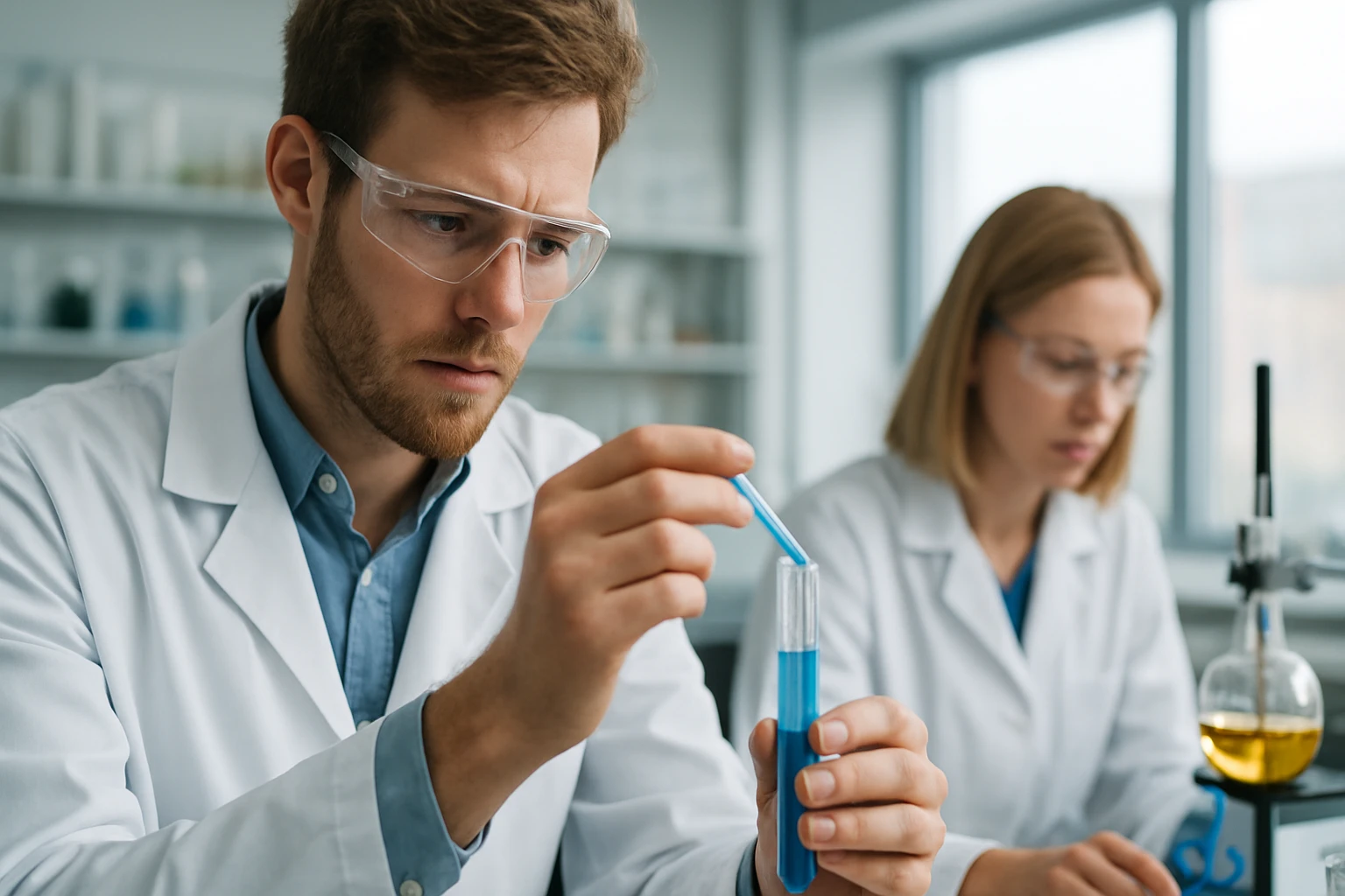 Két tudós laboratóriumban kísérletezik különböző folyadékokkal.