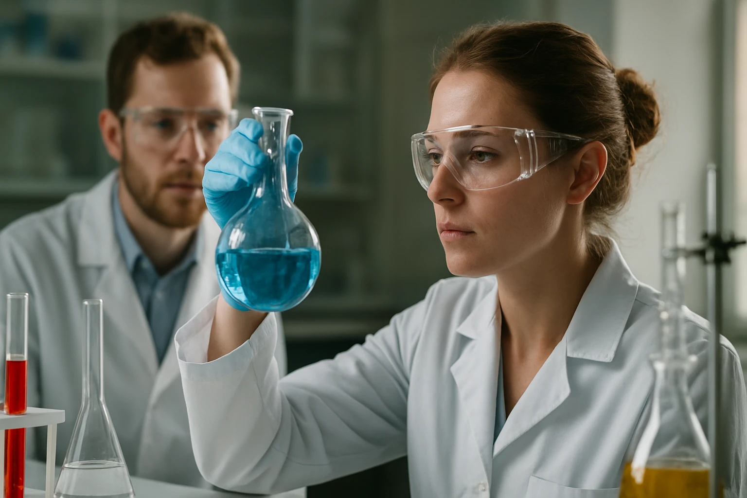 Kémikusok permanens gázokat vizsgálnak laboratóriumban