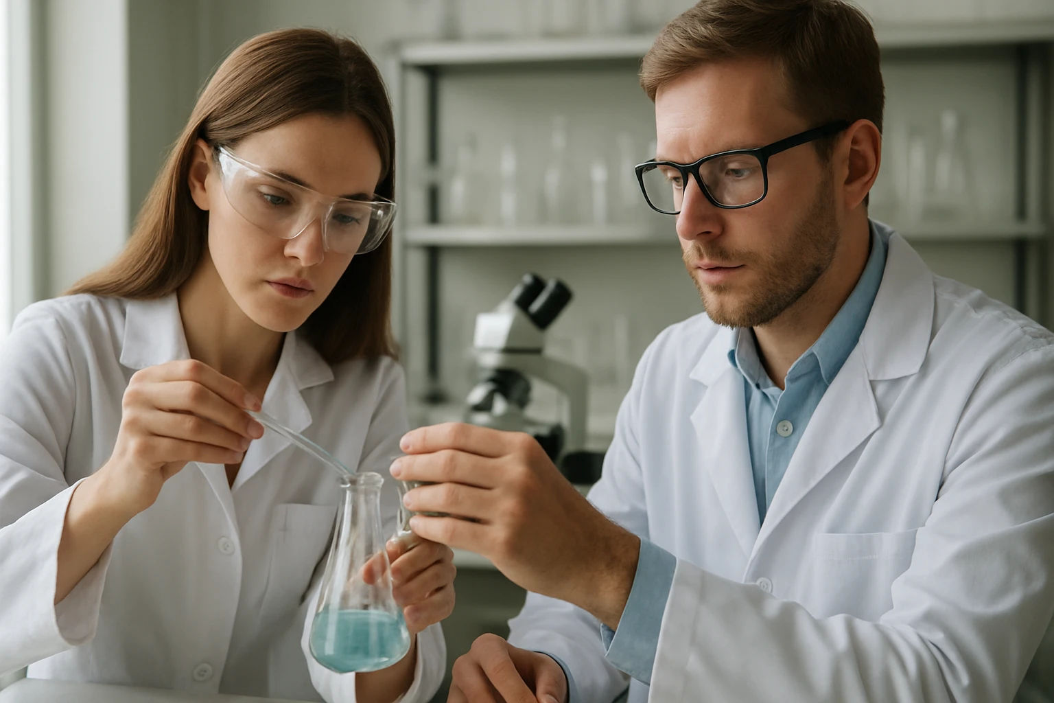 Két tudós laboratóriumban, kémiai kísérletet végezve