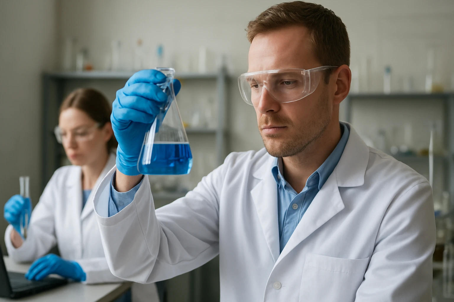 Kémikus kék folyadékot vizsgál laboratóriumban