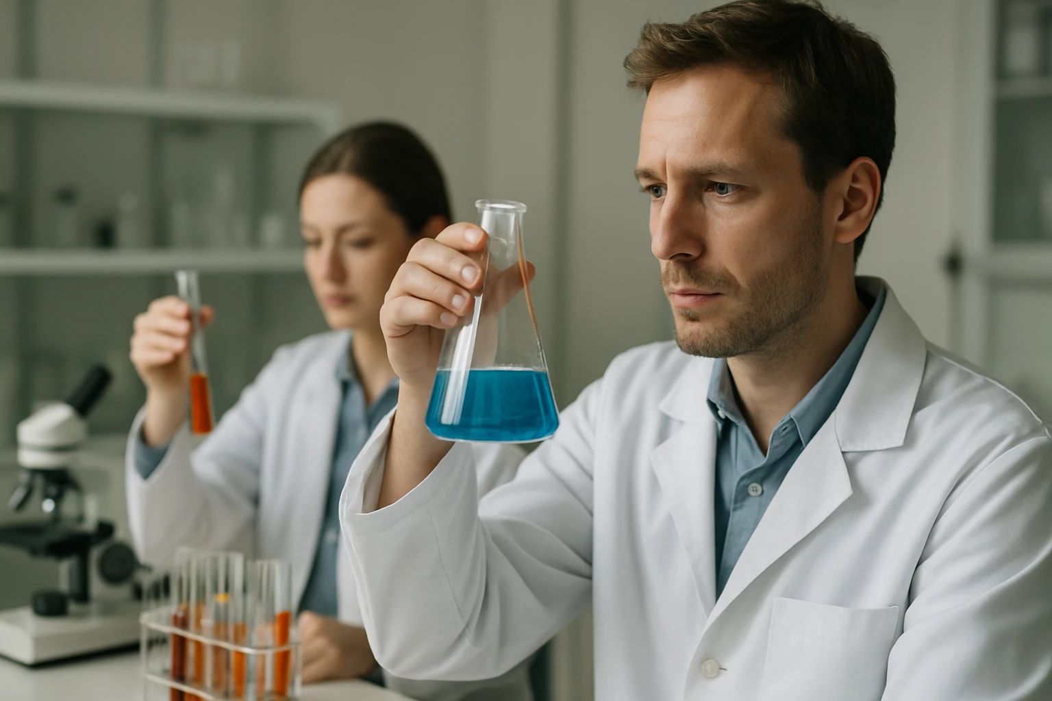 Két kutató laboratóriumban kémiai kísérletet végez.