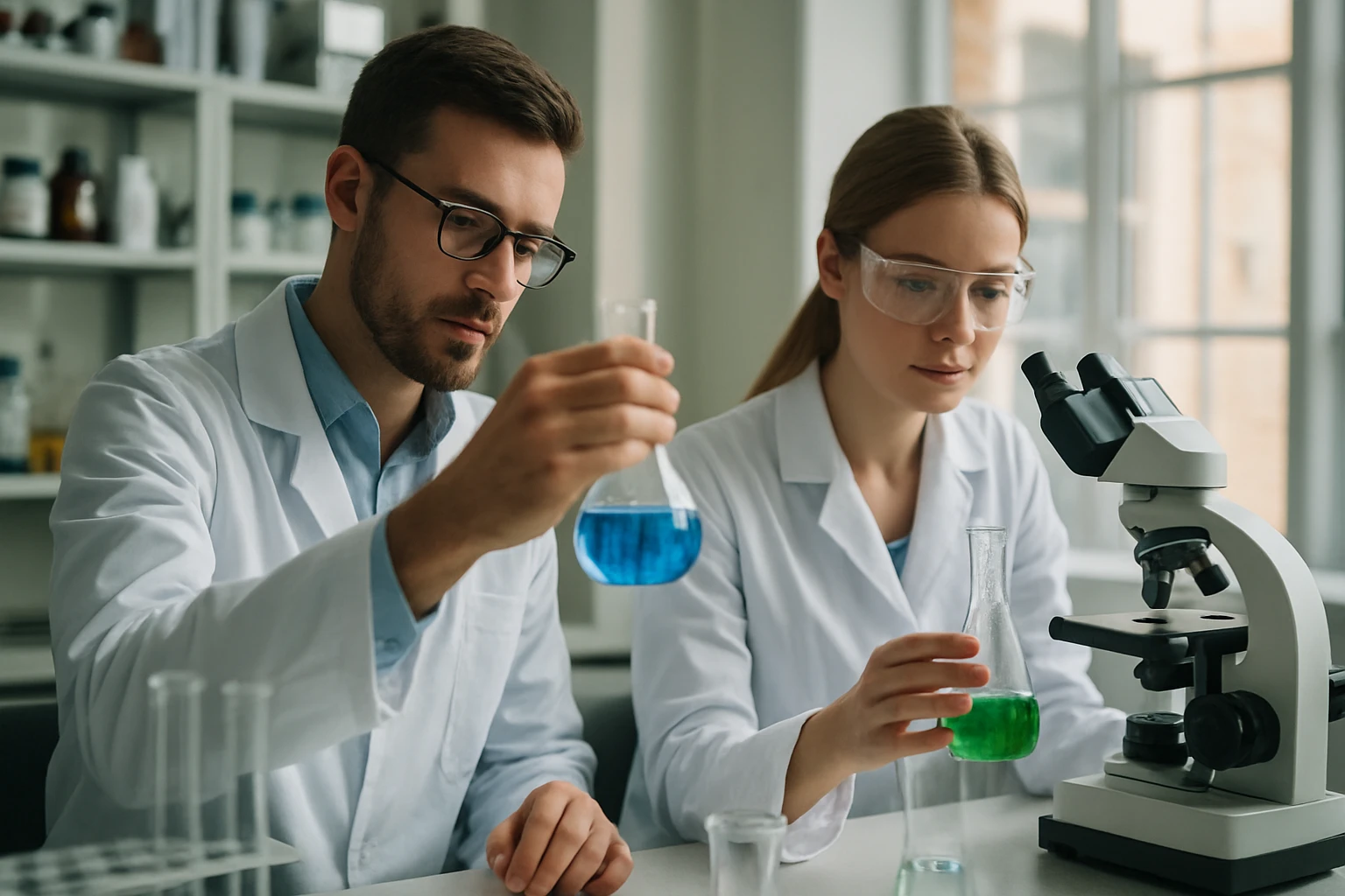 Két tudós laboratóriumban vizsgál perszulfátokat és kémiai reakciókat.