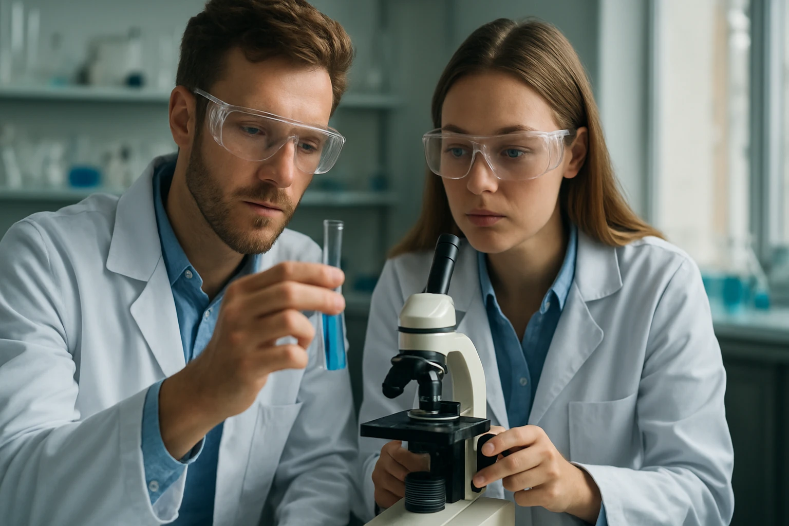 Két tudós laboratóriumi környezetben vizsgálja a kémiai összetevőket.