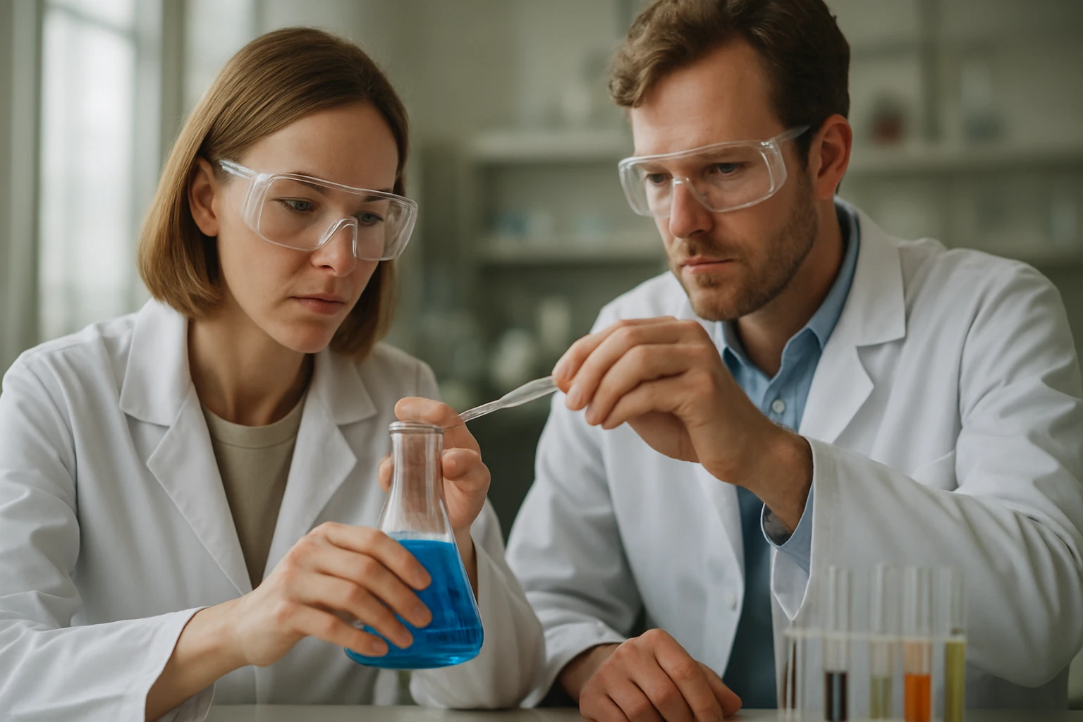 Kutatók petrokémiai anyagokkal végzik kísérleteiket laboratóriumban.