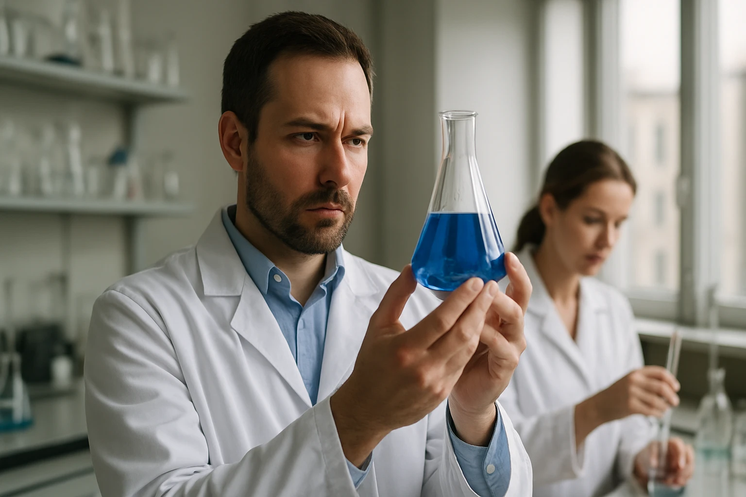 A pigment rubin: szerkezet, szín és felhasználás Kémiai kísérlet laboratóriumban, kék folyadékkal teli lombik.