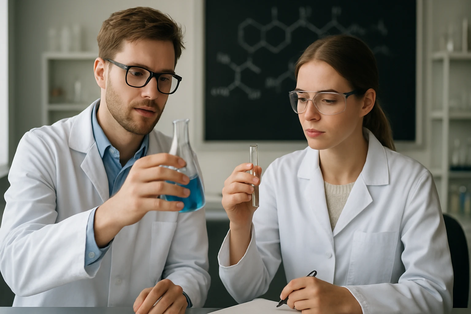 Két kutató pigmentekkel végző kísérleteket laboratóriumban.