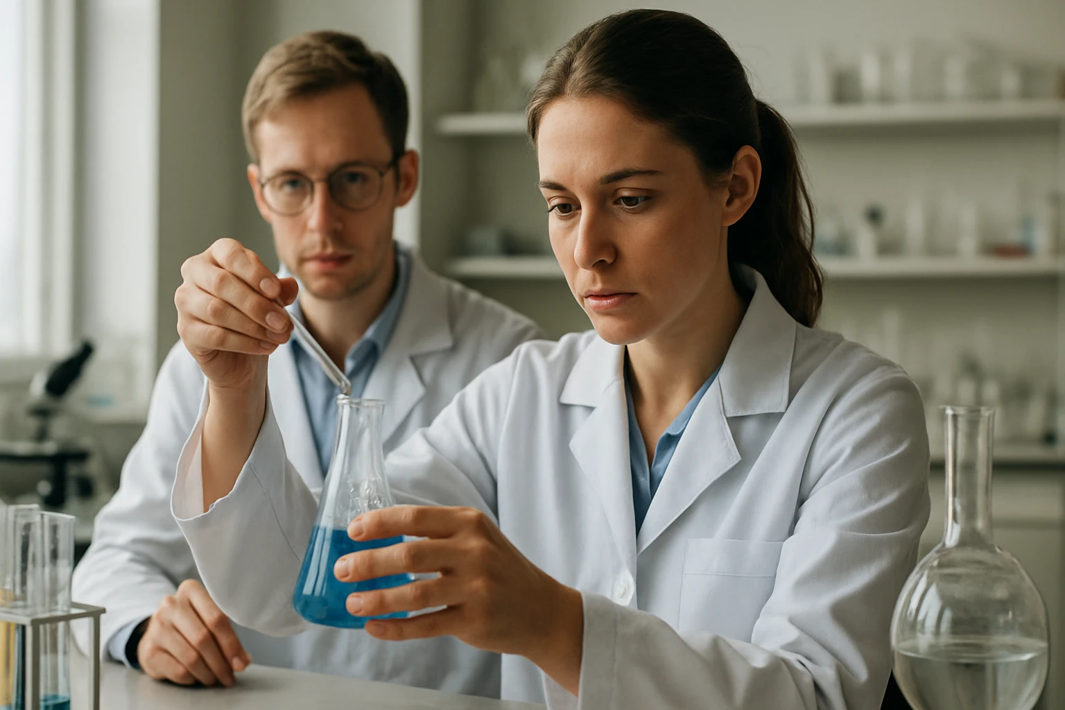 Két tudós laboratóriumban kémiai kísérletet végez