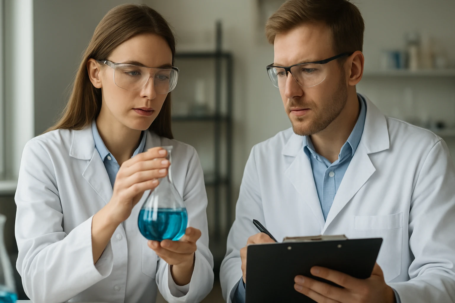 Két tudós laboratóriumban piroborsavvet kísérletezik.