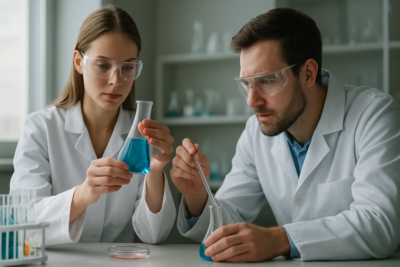 Két kutató kémiai kísérletet végez laboratóriumban