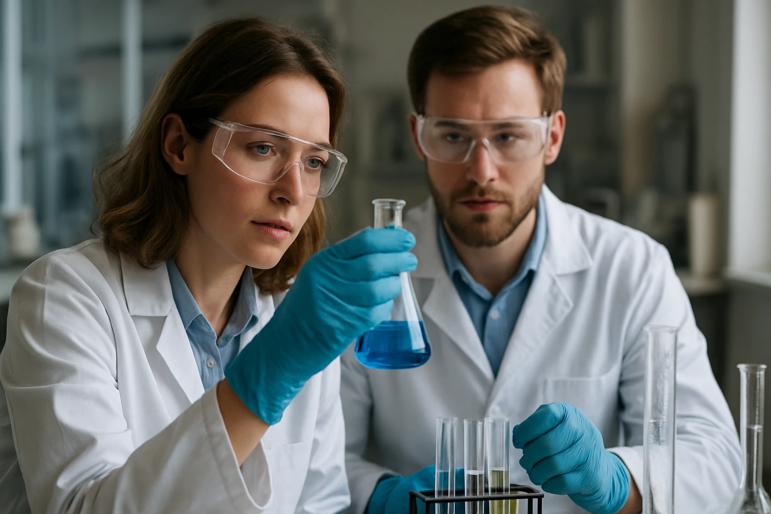 Két kutató a pirolízis folyamatának kémiai vizsgálata során laborban.