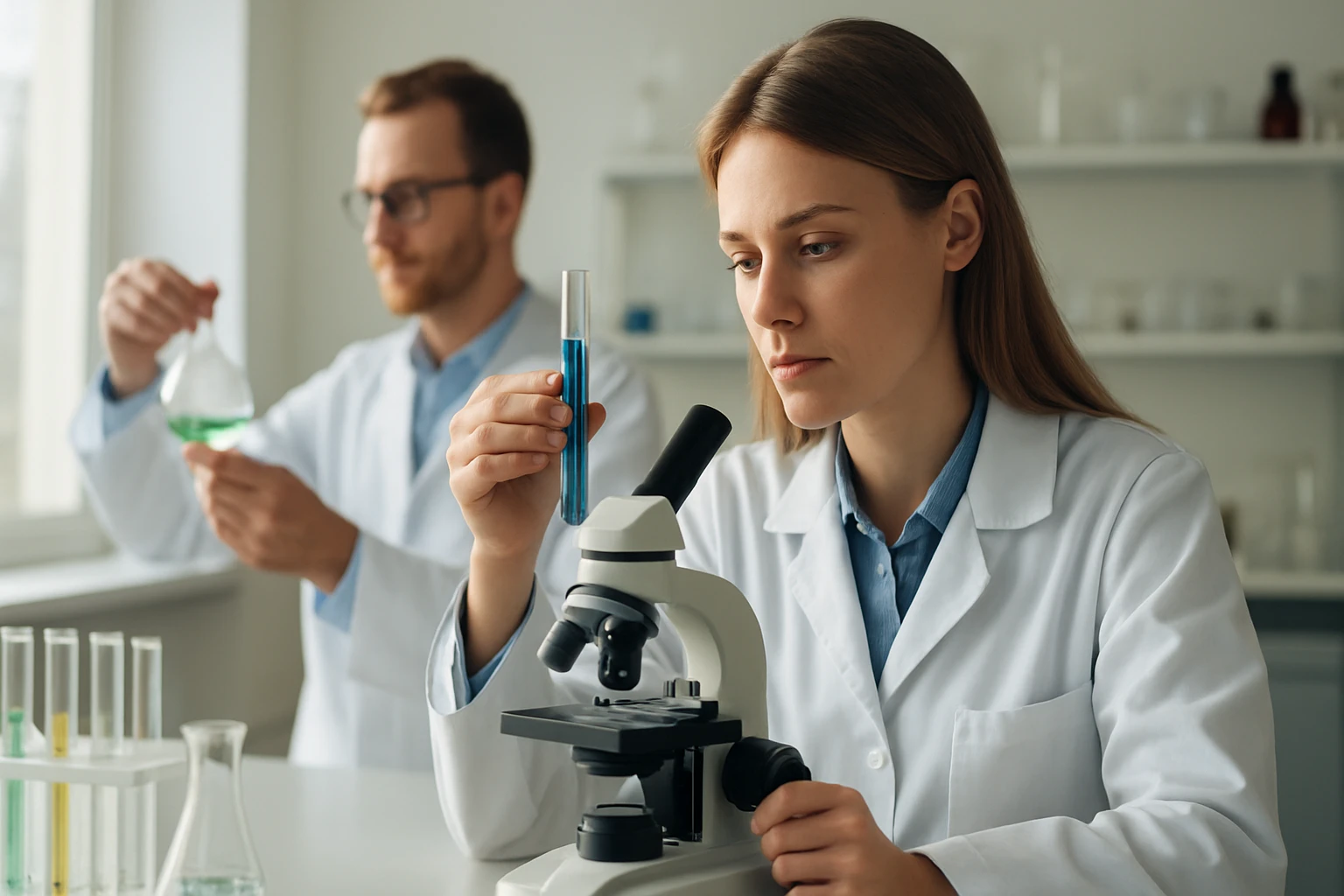 Két vegyész laboratóriumban, mikroszkóppal és kémcsővel végzik a kísérleteket.