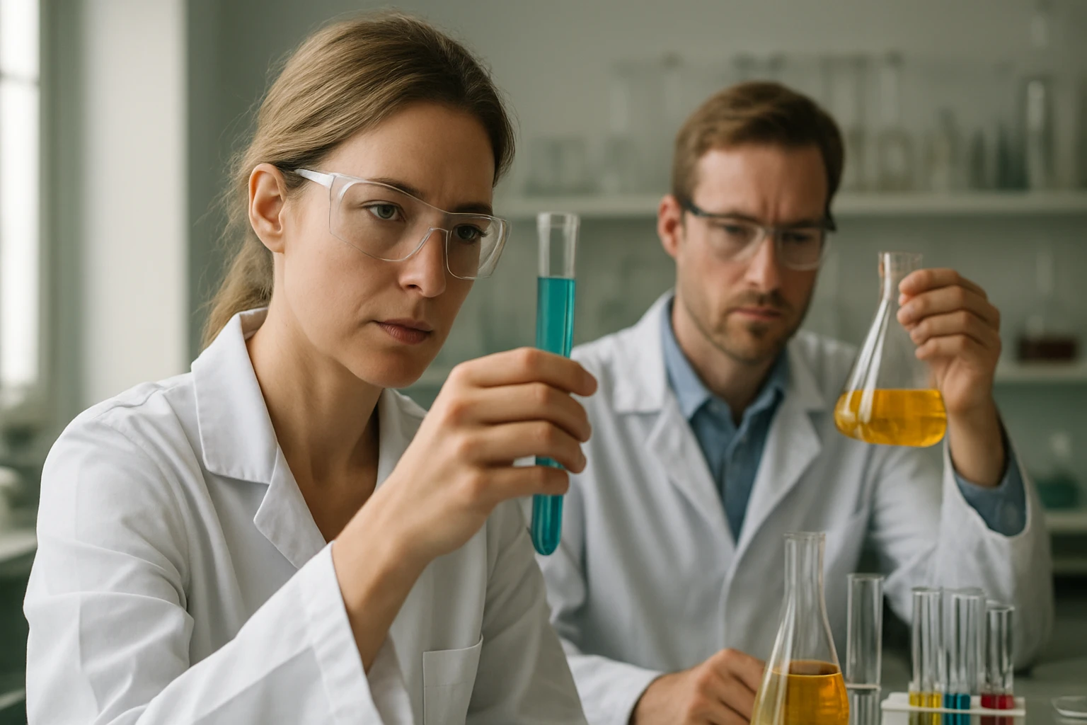 Kémikusok laboratóriumban, pirónok vizsgálatával foglalkoznak.