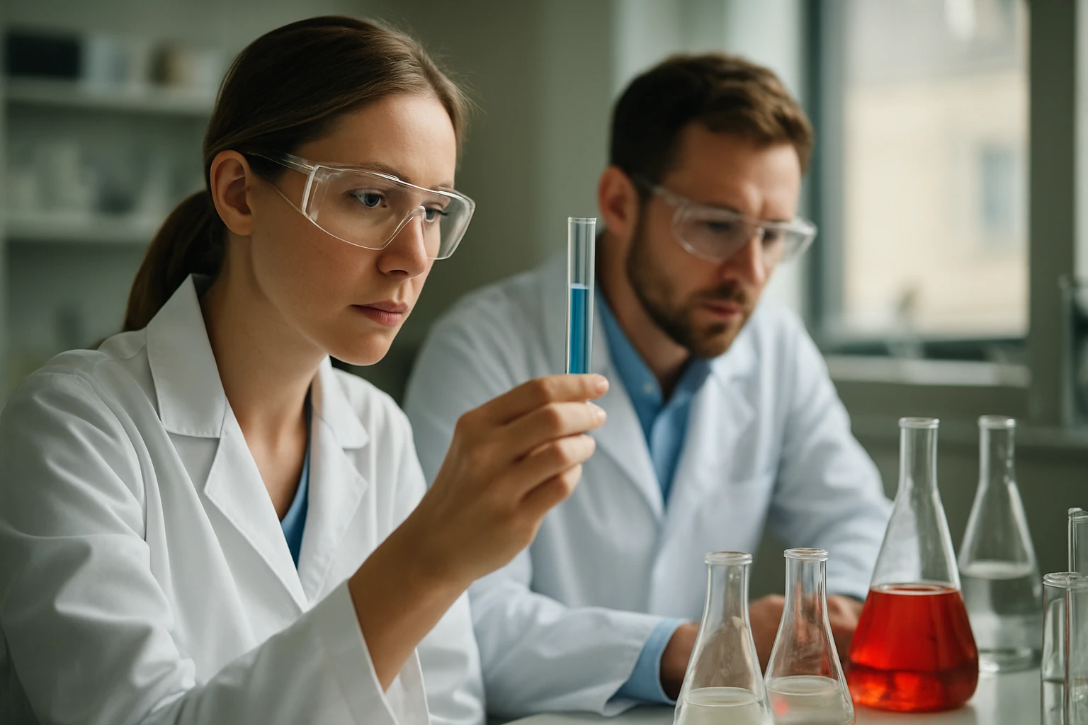 Két tudós laboratóriumban, pirotechnikai kísérlet közben, biztonsági szemüveggel.