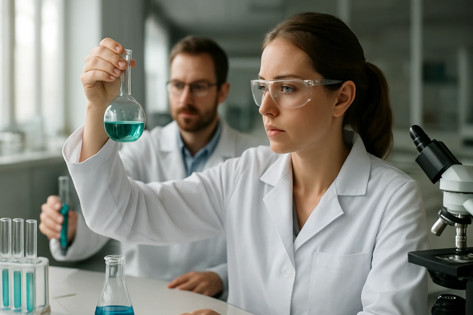 Laboratóriumi kísérlet: női kutató kémcsövet vizsgál