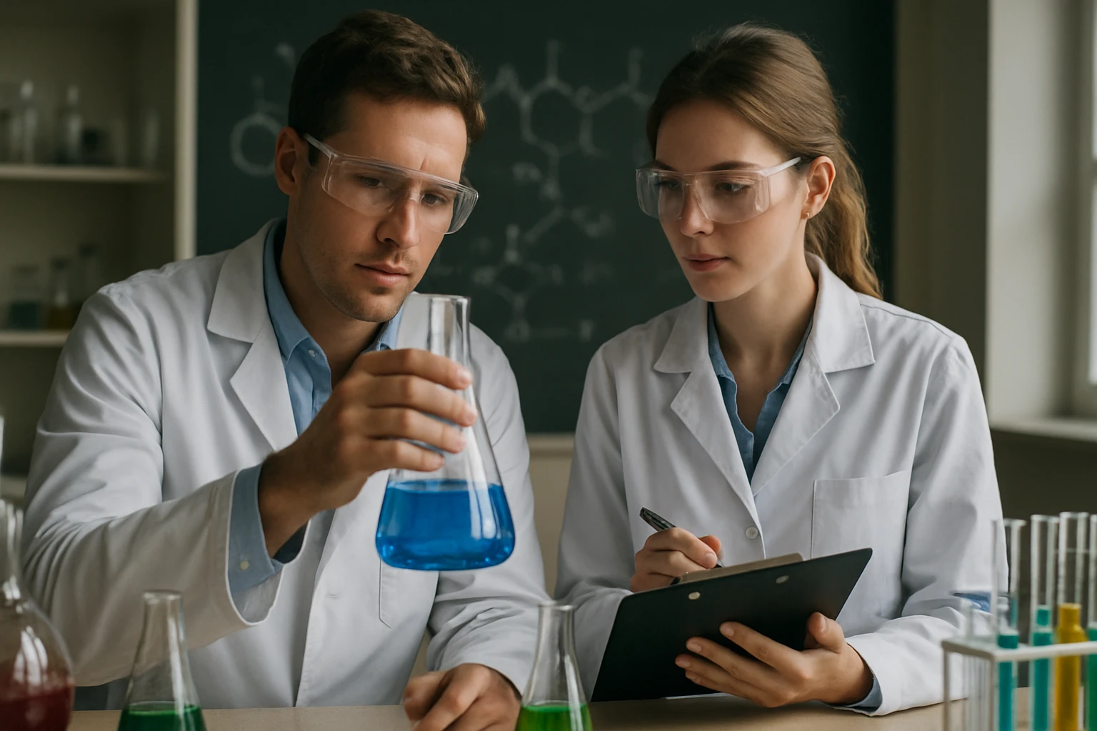 Kémikusok laboratóriumban pirrolidin kutatása közben.