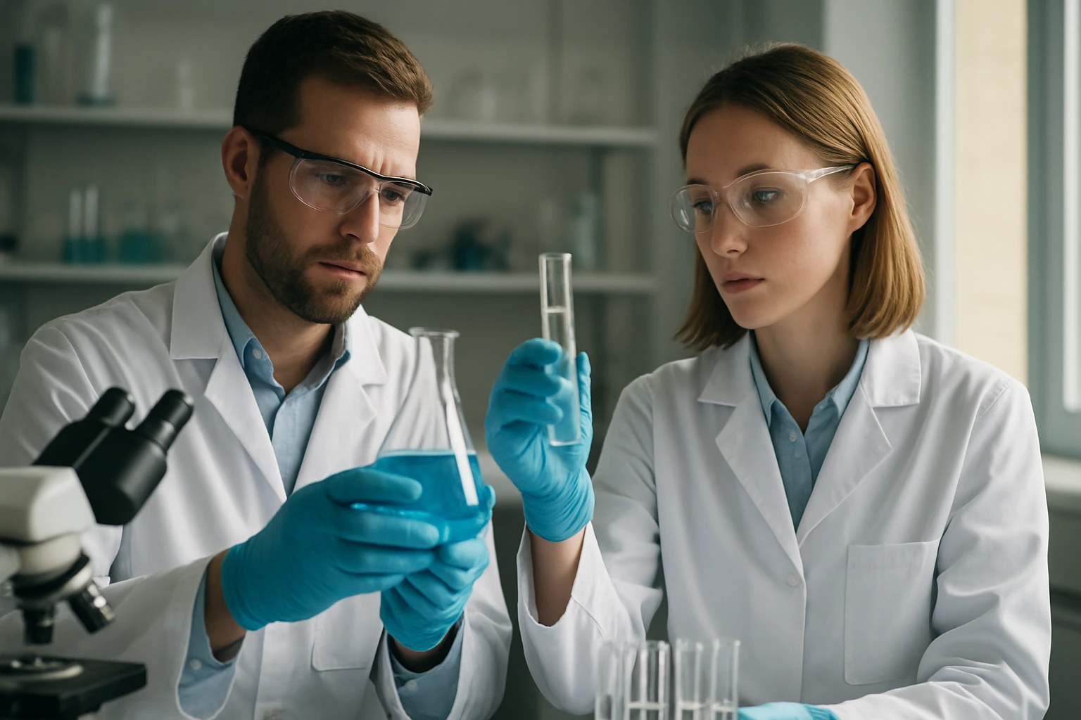 Két kémikus poláris oldószereket vizsgál laboratóriumban