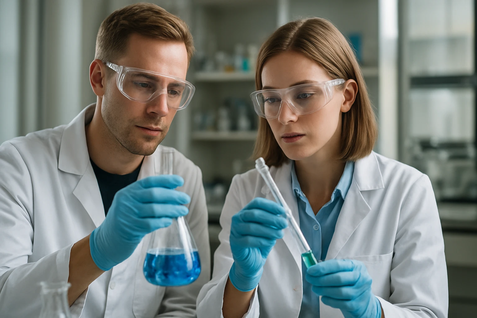 Két kutató laboratóriumban poli-(R)-3-hidroxibutirátot vizsgál.