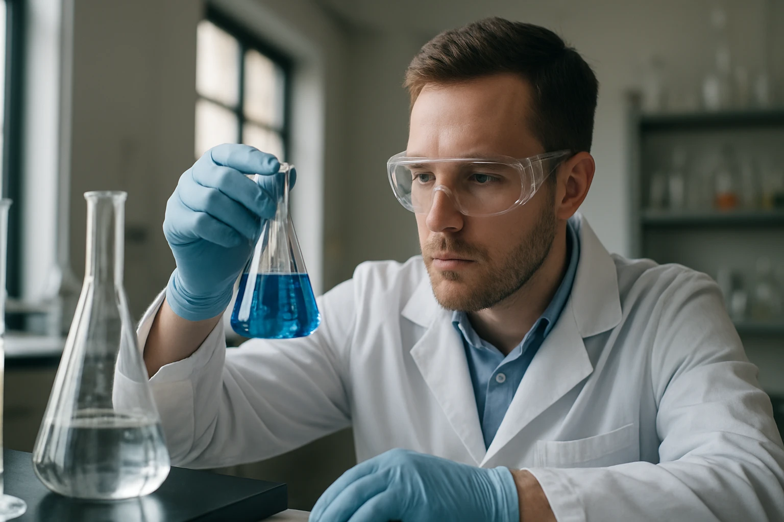 Kutató a poli(dioxibor(III)-sav) tulajdonságait vizsgálja laboratóriumban