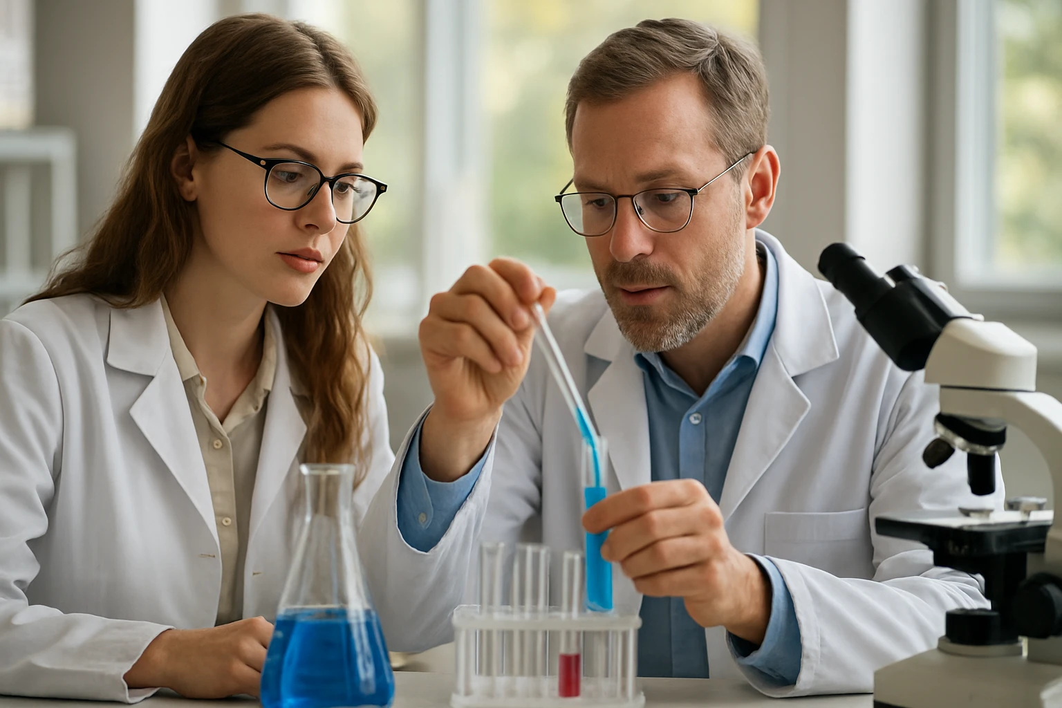 Két kutató laboratóriumban poliészterekkel foglalkozik.