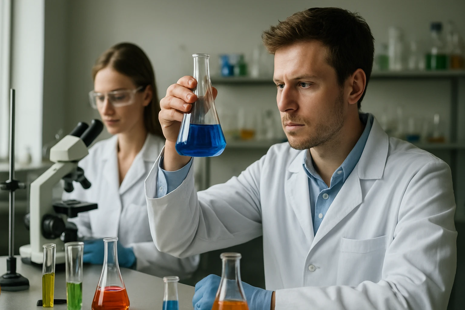 Két kutató laboratóriumi kísérlet során kémcsöveket és mikroszkópot használ.