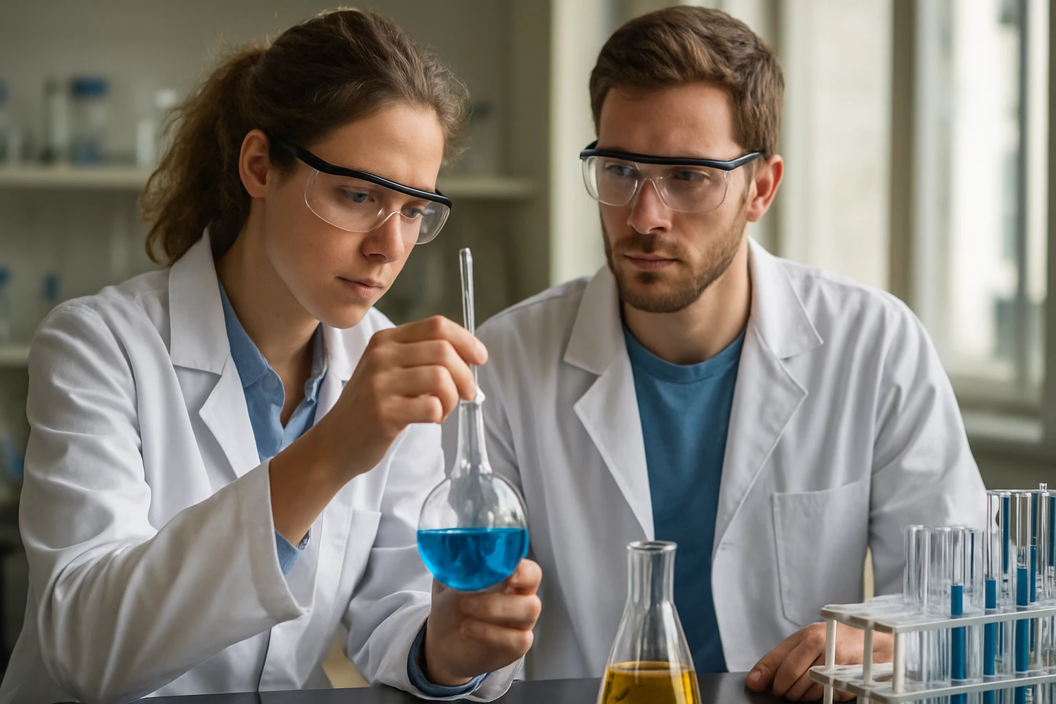 Két kutató laboratóriumi kísérletezés közben, poliaddícióval kapcsolatosan.