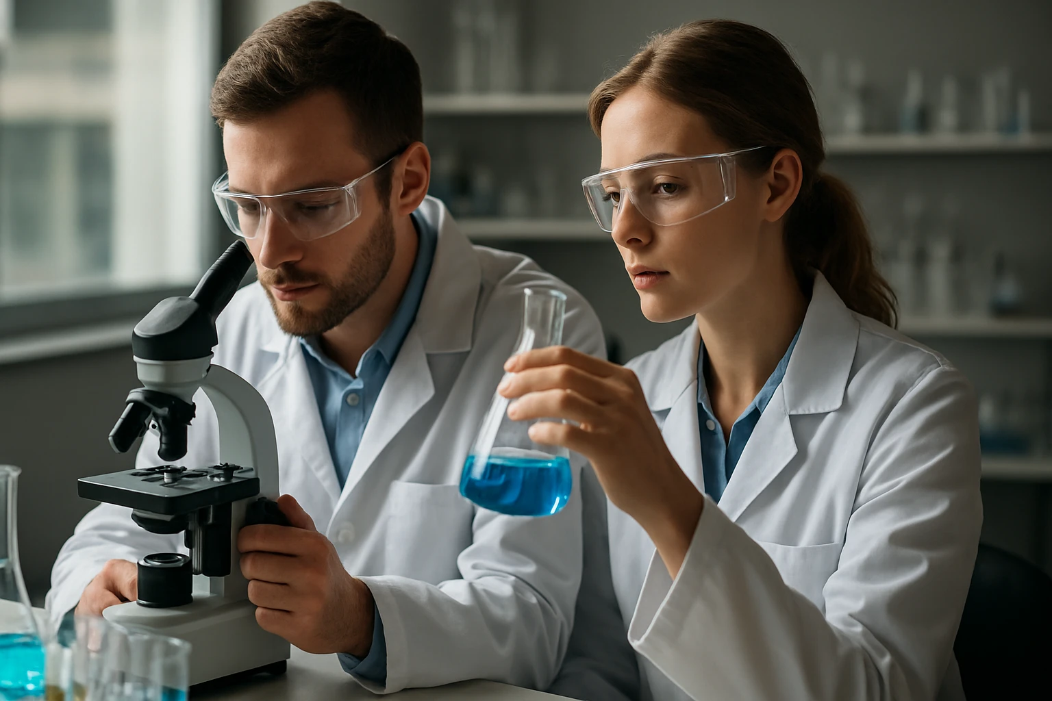 Két kutató poliamid 66 mintát elemez egy laboratóriumban