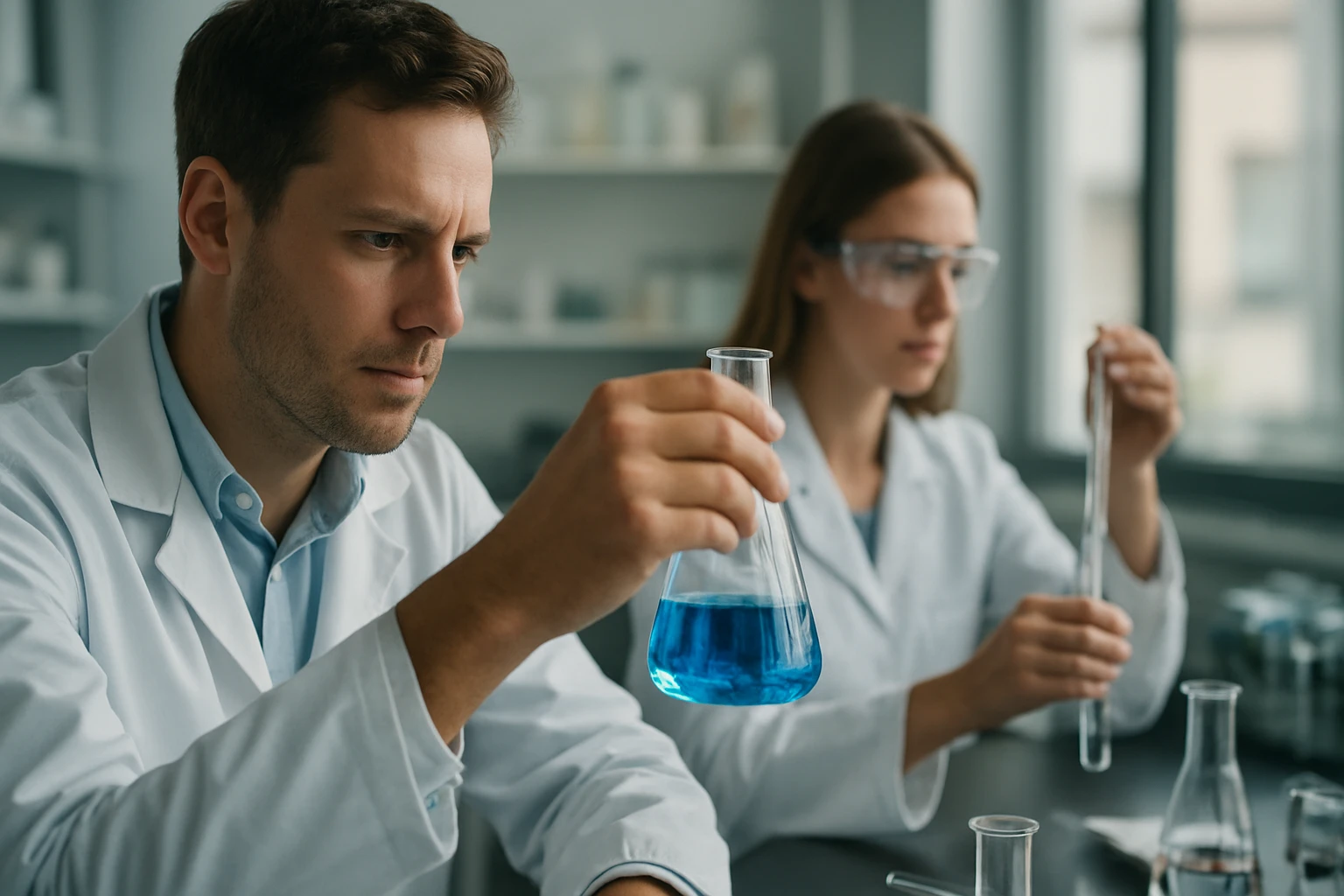 Kutatók kémiai munkában, polietilén-tereftalát vizsgálata laboratóriumban.