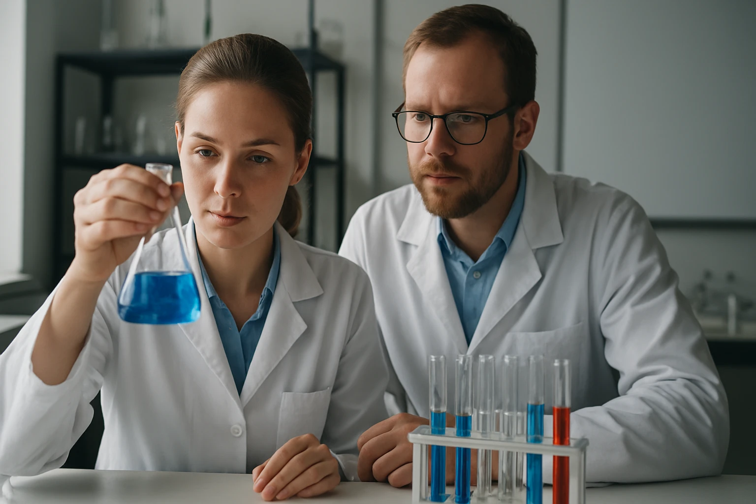 Két tudós kémiai kísérletet végez laboratóriumban