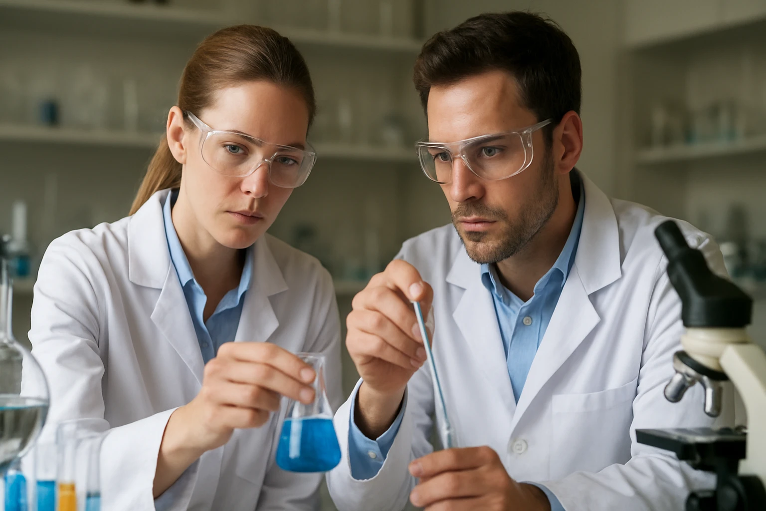 Két tudós kémiai kísérletet végez laboratóriumban.