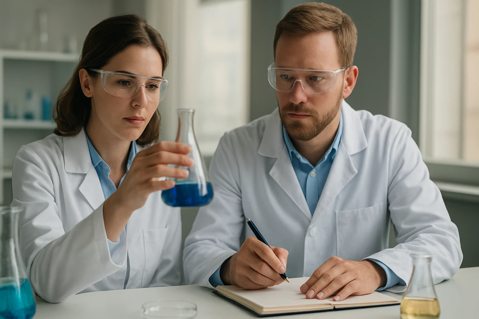 Két tudós laboratóriumban polihidroxialkanoátok vizsgálatán dolgozik.