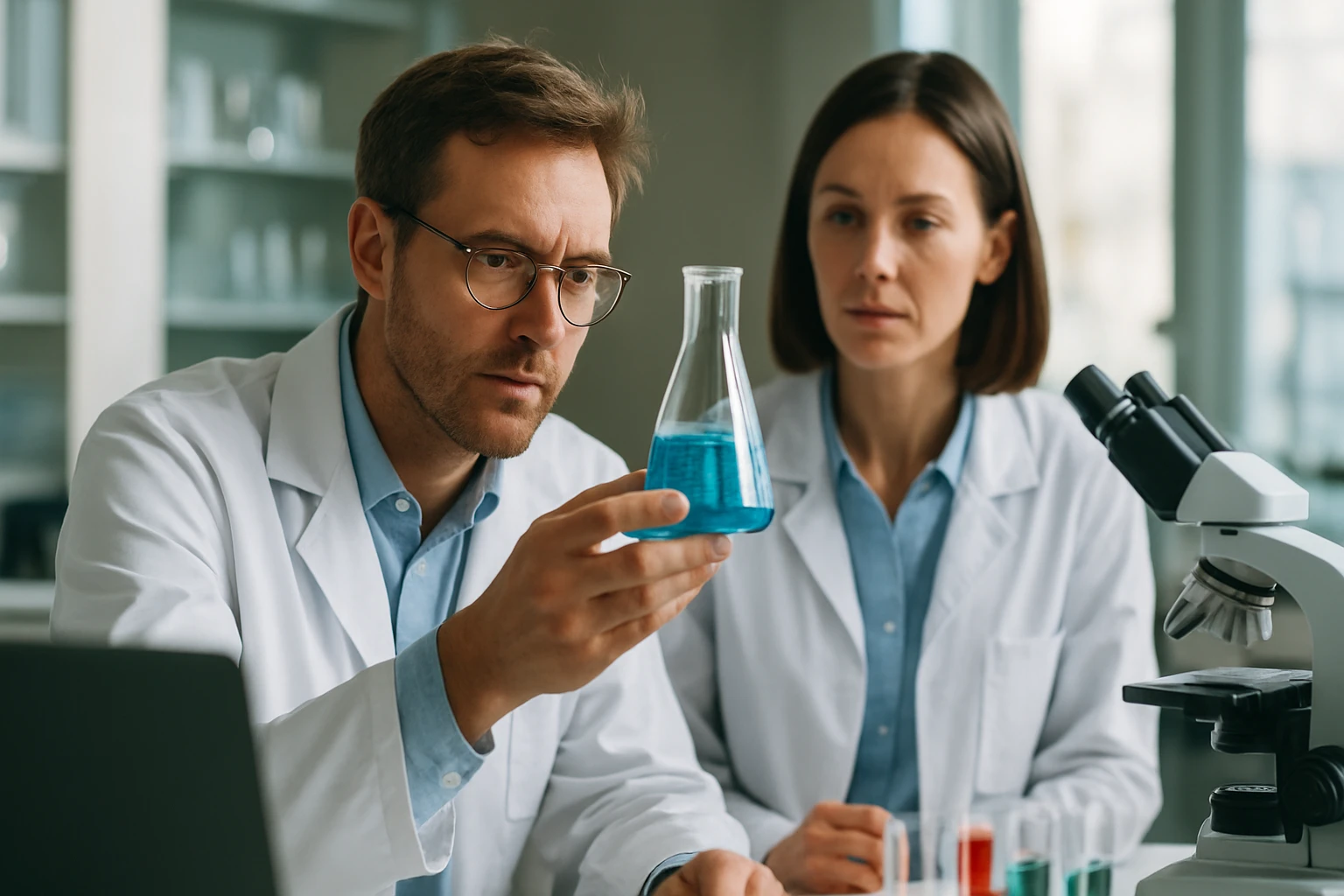 Két tudós laboratóriumban, polikarbonátokkal kapcsolatos kísérletet végeznek.