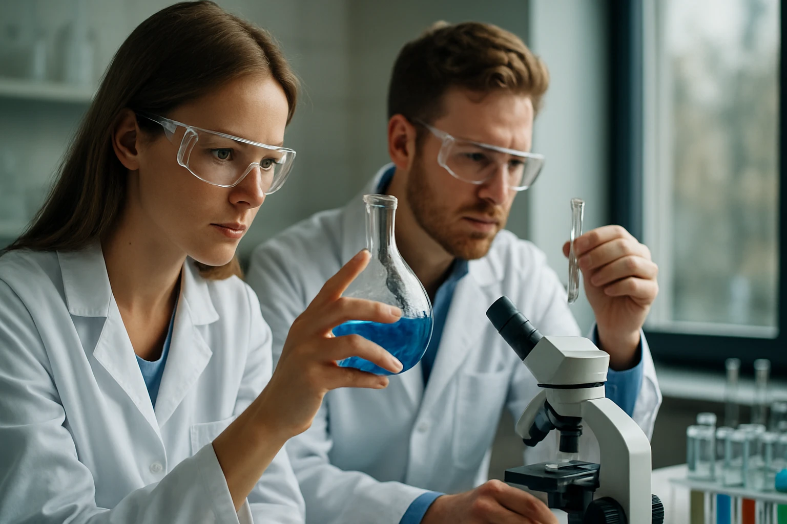 Kémikusok polimerizációs folyamatot vizsgálnak laboratóriumban.