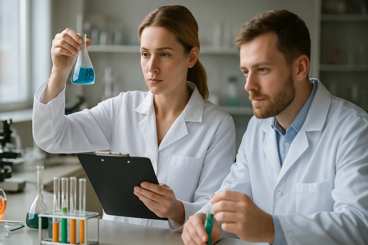 Két tudós laborban polimerszövetekkel kapcsolatos kísérleteket végez