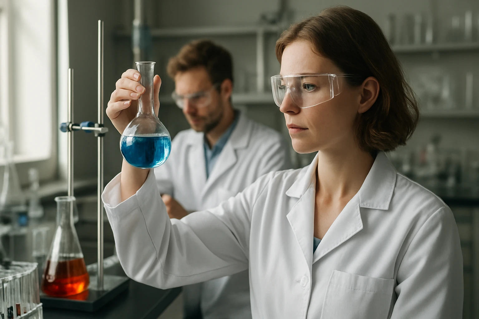 Női tudós laboratóriumban, kémiai kísérlet közben, kék folyadékkal.