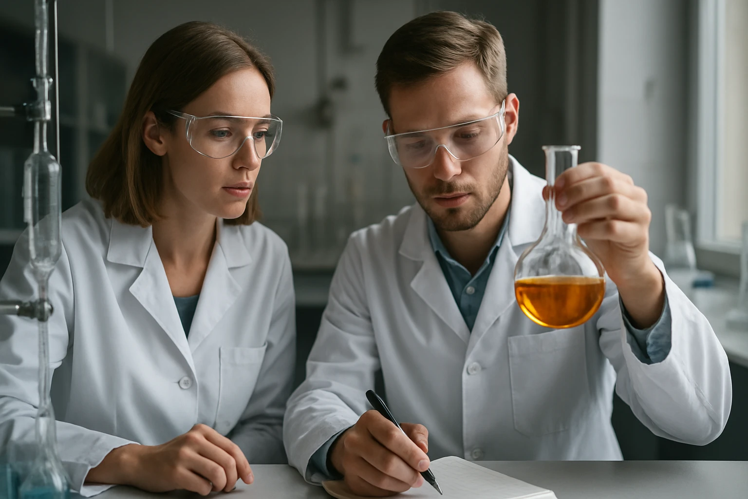 Két kutató laboratóriumban polioxi-etilén-sztearát elemzésén dolgozik.