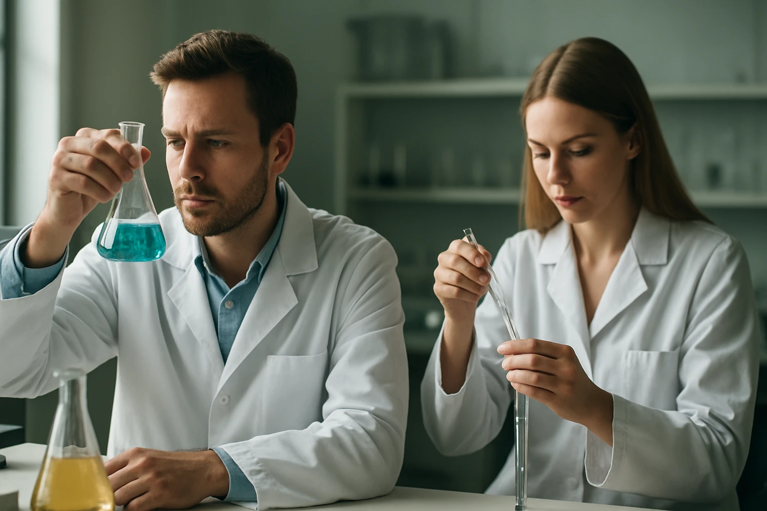 Két kutató laboratóriumban, vegyületeket vizsgálva.