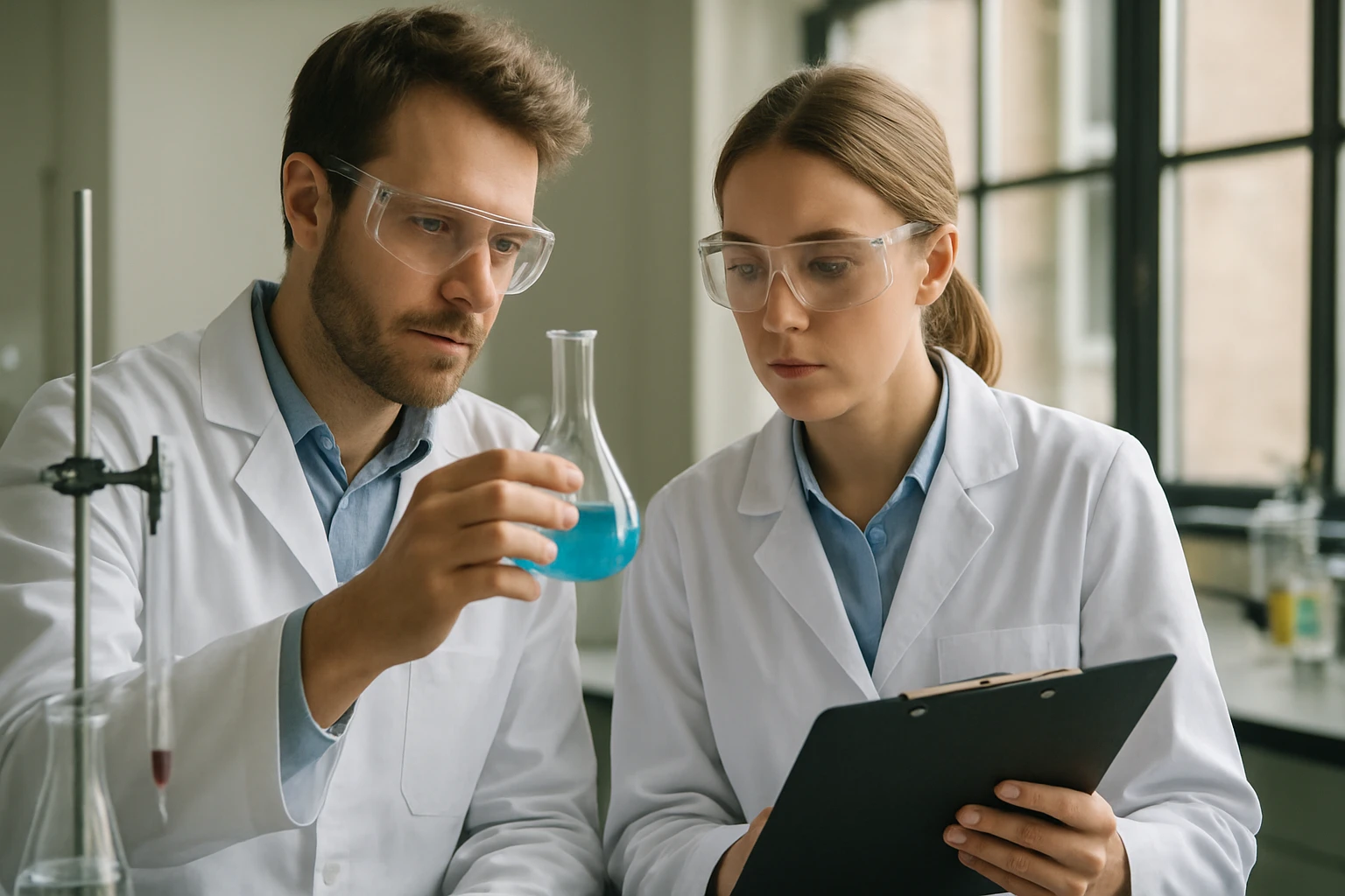 Két tudós laboratóriumban kék folyadékot vizsgálva.