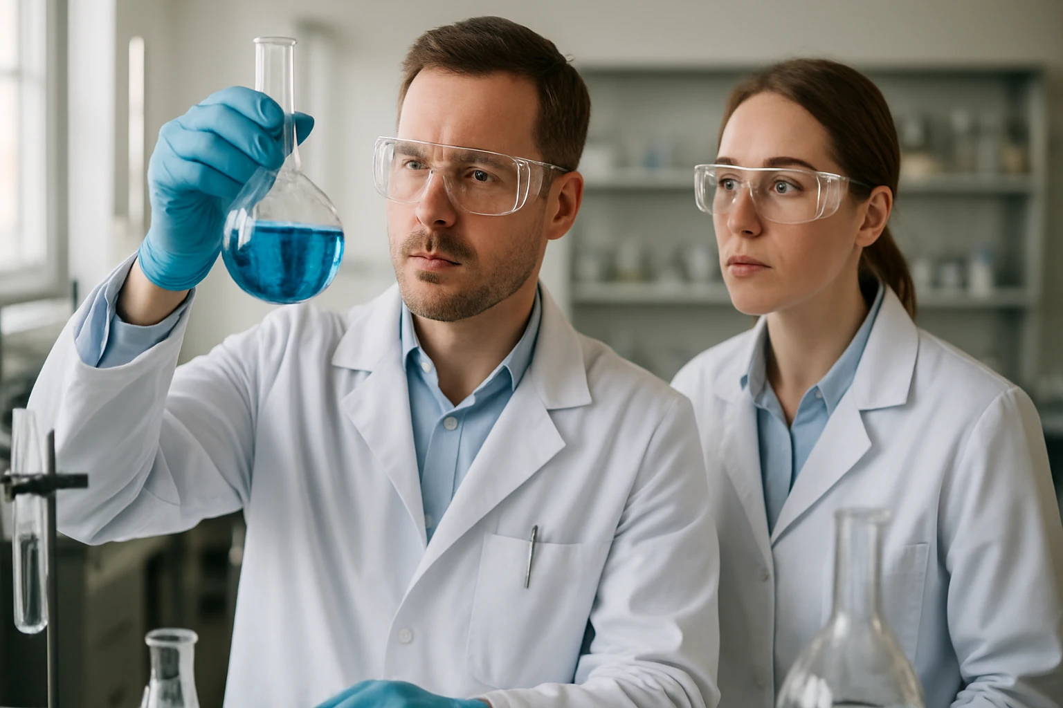 Két tudós laboratóriumban polipropilén kísérletet végez